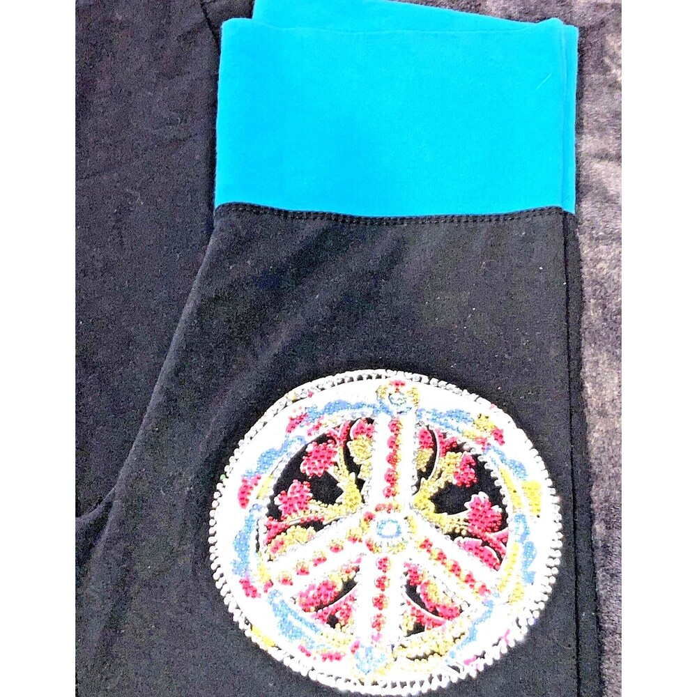 Boho L Black & Blue Floral Peace Sign Patch Bootcut Yoga Yoke Pants Paris Angel